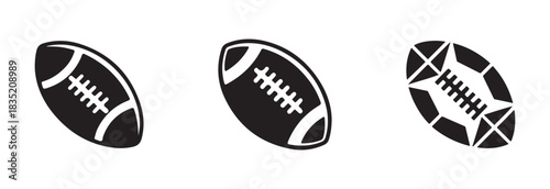 Set of three american football ball icons, one with geometric design, isolated on white background, vector illustration