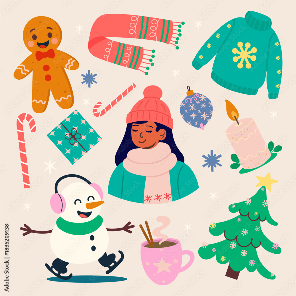 Fototapeta premium Cute winter festive collection with characters and holiday decorations