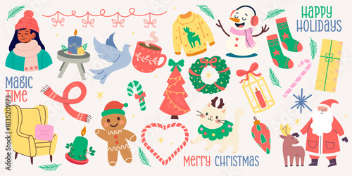 Magic time Christmas elements set. Warm festive illustrations and holiday