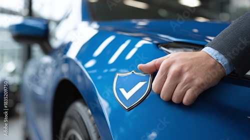 A man in a suit places his hand on a blue car near the headlight. A shield-shaped emblem with a checkmark is affixed to the vehicle, suggesting a quality guarantee or safety.