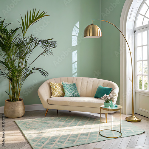 Modern living room with comfy sofa, green walls, natural light