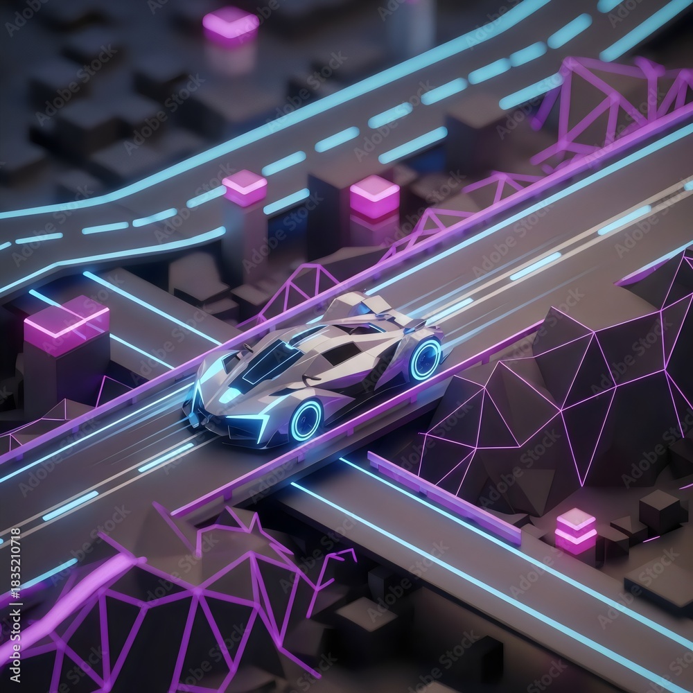 Naklejka premium High-Speed Isometric Racing Car on Track with Pit Stop Crew and Garage