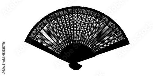 Wooden fan in ornate silhouette blending Spanish Flamenco elegance with Japanese minimalism.Vector illustration in black and white for event branding,travel themes,artistic national projects