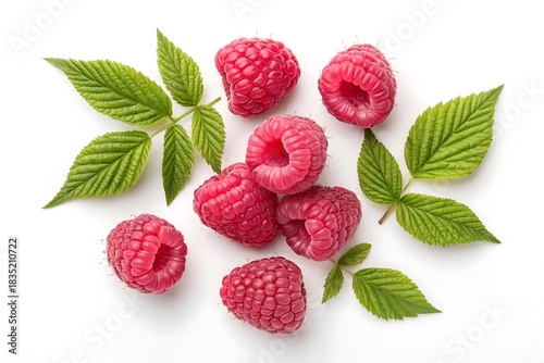 Juicy ripe raspberries featuring rich red tones and leaf detail isolated on white background from above, suitable for food ads and wellness visuals.
