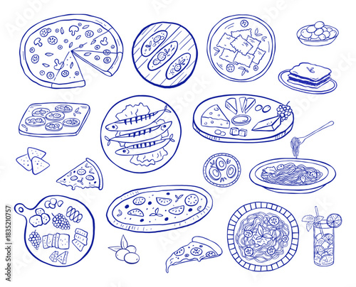Italian food, pasta and lasagna, and Mediterranean cuisine blue icons. Hand drawn menu elements in vintage style, drink and eggs on plate