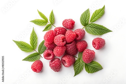 Juicy ripe raspberries featuring rich red tones and leaf detail isolated on white background from above, suitable for food ads and wellness visuals.
