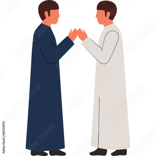 Two Men Dressed in Traditional Islamic Thobes Standing Facing Each Other Holding Hands in a Humble Gesture of Greeting or Agreement Against a Transparent Background