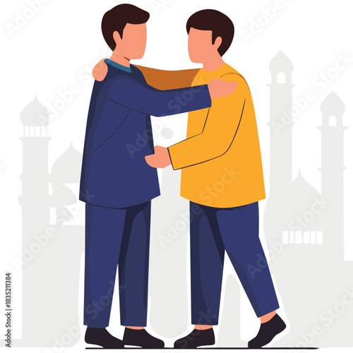 Two Men Embracing With Mosque Silhouettes In The Background A Celebration Of Friendship And Community During Eid Or Ramadan Festivities In A Stylized Flat Illustration Design With Warm Colors