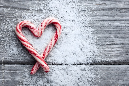 Candy cane heart shape on wooden background with snow