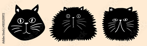 Hand drawn black cat heads. Set of feline silhouettes. Vector illustration