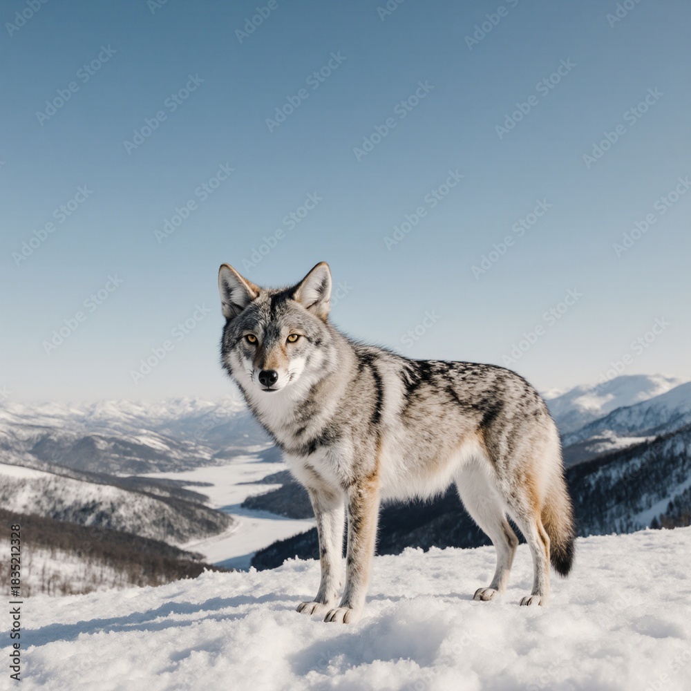 Fototapeta premium Coyote standing on a frosty hilltop against a blue winter landscape