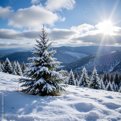 Snowy Christmas Tree on a Mountain Landscape under Bright Sunlight and Dramatic Clouds