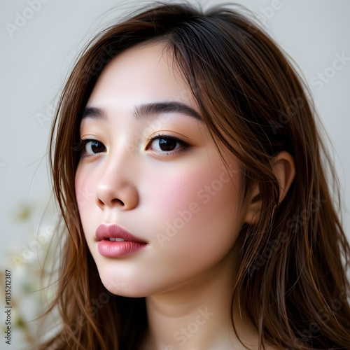 Close-Up Portrait of a Young Woman with Soft Makeup and Flowing Hair Against Neutral Background