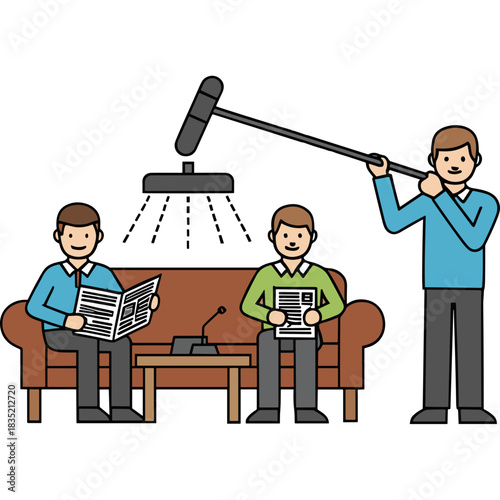 Two men sitting on a couch reading papers while another man holds a boom microphone for an interview or recording session in a room with soft lighting.