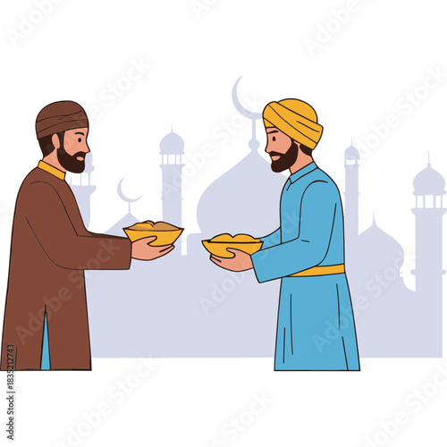 Two men wearing traditional attire exchange bowls of food with a mosque and crescent moon silhouette in the background during a religious celebration festive atmosphere charitable giving