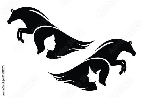 fairy tale elf woman with long hair flying in the wind and wild horse spirit jumping forward - fantasy girl and her friend animal black and white vector silhouette portrait