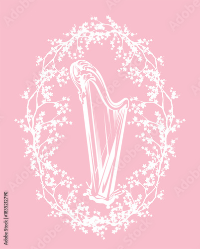 antique harp musical instrument inside flower wreath frame of sakura tree branches - springtime outdoors concert or festival vector design