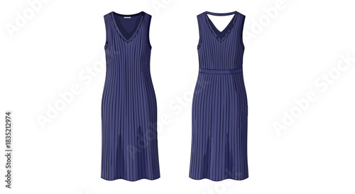 Sophisticated ribbed midi dress in indigo, featuring a flattering v-neckline and elegant belt detail highlighting the waistline for a refined