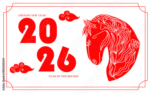 Minimalist style greeting card for Chinese new year of the horse 2026. Zodiac horse shape with blossoms pattern. Happy Chinese New Year Banner.