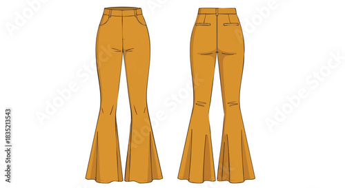 Front and back views of golden ochre flared trousers evoke retro fashion design and bohemian style with a distinctive bell-bottom cut
