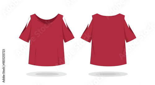 Crimson Cold-Shoulder T-Shirt: Front and Back Presentation for Design and Style Showcase