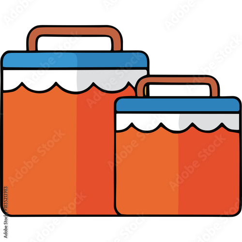 Two Orange Blue and White Lunch Boxes Side by Side Isolated on Black Background Minimalist Flat Design Style Illustration Representing Food Storage and Portability