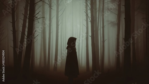Alone Sad Girl Silhouette in Dark Foggy Forest - Mysterious Hooded Figure in Gloomy Woods