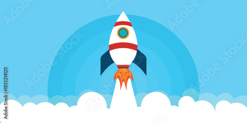 Rocket launch flying over cloud. beautiful scenery with white clouds. paper cut. startup concept