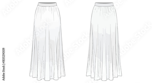 Technical drawing of a maxi skirt with elastic waistband showcasing the front and back view for fashion design illustration