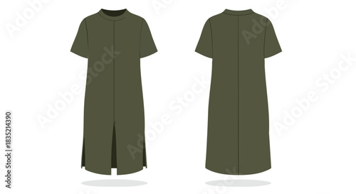 Technical sketch illustration of a long, straight dress with short sleeves and a high neckline shown in front and back views