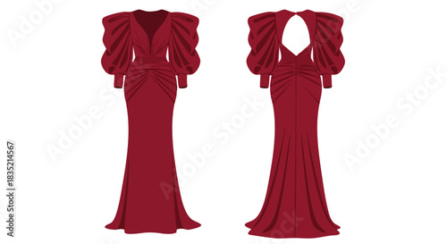 Captivating crimson evening gown, a symphony of elegance and allure, showcased in front and back detail for fashion design aspirations