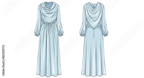 Elegant long-sleeved dress with a draped neckline, visualized from both front and back views for design purposes with light blue color