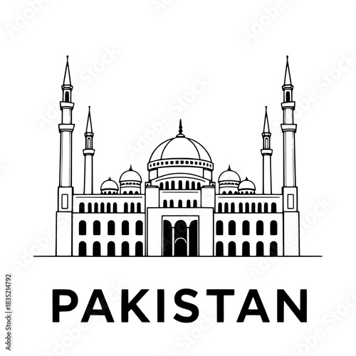 Modern minimalist poster of Shah Faisal Mosque with precise black linework, symmetrical layout, four slender minarets, a large triangular roof, and bold uppercase text PAKISTAN in a clean sans-serif f