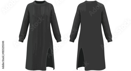 Elegant black knitted dress with long sleeves and side slits showcases minimalist style and comfortable fashion design on a white backdrop