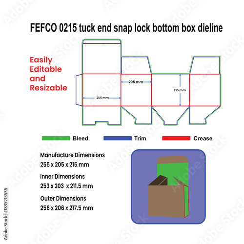 FEFCO 0215 Tuck End Snap Lock Bottom Box Dieline With Dimensions 