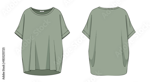 Technical fashion illustration: Front and back views of a woman's relaxed fit olive green t-shirt