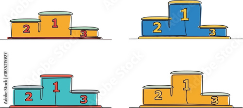 Four colorful podium illustrations for winners and achievements in various styles