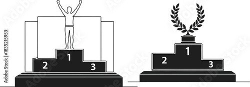 Podium with winner and trophy depicting success and achievement in black and white
