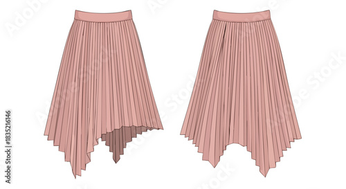 Pink Pleated Skirt Fashion Illustration with Asymmetrical Hem Design for Modern Apparel Display