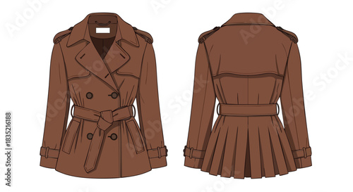 Detailed Vector Illustration of a Classic Brown Trench Coat Design Front and Back Views Displaying Fashion and Style