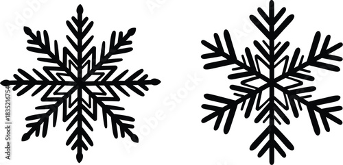 Two hand drawn black snowflakes on white background for winter designs