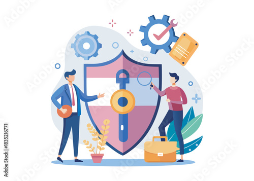 People protecting private information with antivirus software. Tiny man with key to lock on safe shield flat vector illustration. Cyber security concept for banner, website design or landing web page