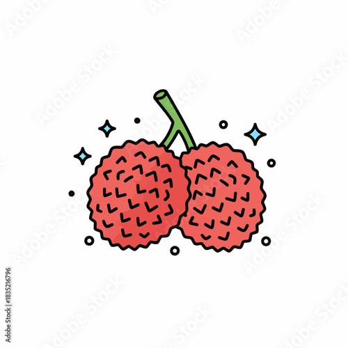 A cartoon illustration of two red bumpy lychee fruits connected by a green stem