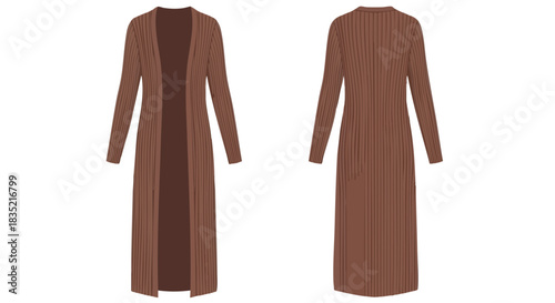 Elegant brown knitted cardigan showcasing front and back views for fashion presentation and design reference