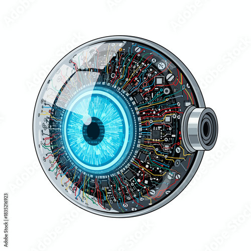 A closeup stylized illustration of a futuristic prosthetic cybernetic eye