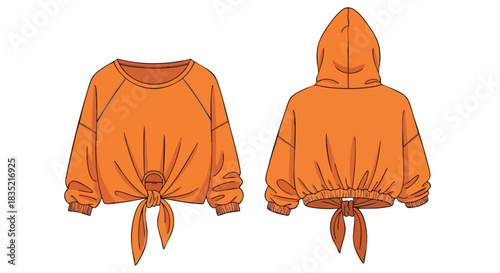 Fashionable orange crop top hoodie and sweatshirt design with tied detail for modern styling illustration