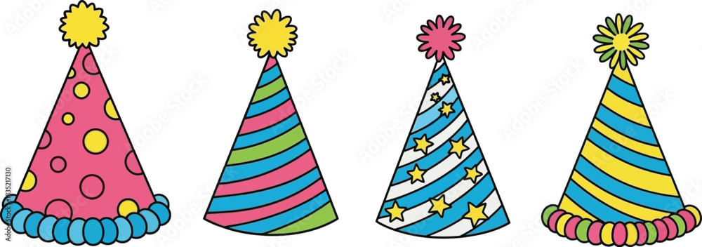 Obraz premium Colorful party hats with unique designs for celebration and fun