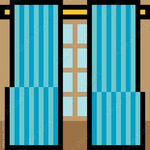 Curtains with windows in pixel art style