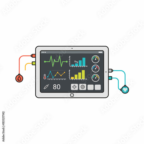 A digital medical monitor on a tablet displaying vital signs graphs and readings