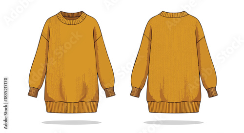 Oversized honey-toned sweater illustration, showcasing front and back designs for versatile fashion appeal and comfortable style representation